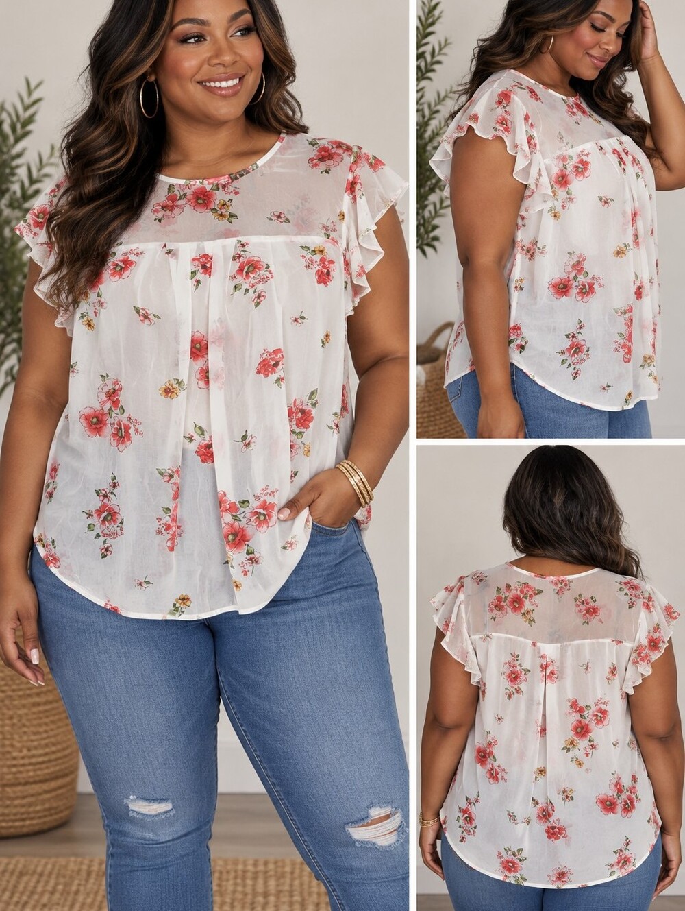 By Olm Floral Chiffon Blouse - White with Pink Floral Print Size L